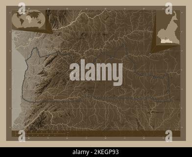 Sud, regione del Camerun. Mappa dell'altitudine colorata in tonalità seppia con laghi e fiumi. Mappe delle posizioni ausiliarie degli angoli Foto Stock
