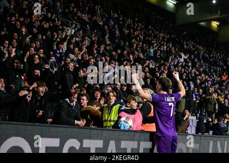 Il Thibo Baeten di Beerschot festeggia dopo aver segnato la partita di calcio tra K. Beerschot V.A. e RE Virton, sabato 12 novembre 2022 ad Anversa, il 13° giorno della prima divisione del campionato belga "Challenger Pro League" del 2022-2023. BELGA FOTO TOM GOYVAERTS Foto Stock