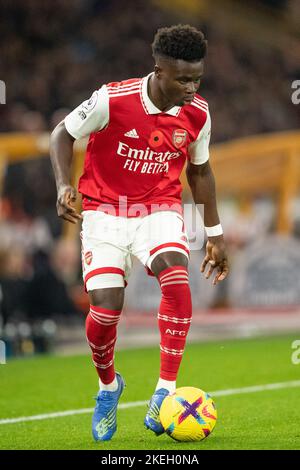 Molineux, Wolverhampton sabato 12th novembre 2022. Arsenal's Bukayo Saka durante la partita della Premier League tra Wolverhampton Wanderers e Arsenal a Molineux, Wolverhampton, sabato 12th novembre 2022. (Credit: Gustavo Pantano | MI News) Credit: MI News & Sport /Alamy Live News Foto Stock