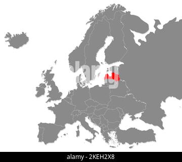 Mappa della Lettonia highligted con la carta rossa in Europa. rendering 3d Foto Stock