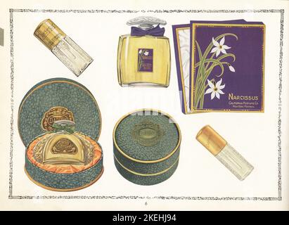 Cosmetici a marchio CPC dal 1926. Flaconette e bottiglia da un'oncia di profumo Narcissus con scatola rivestita in raso, flaconette e bottiglia di profumo Daphne e scatola di polvere per il viso. Chromolithograph di un artista sconosciuto del catalogo dei prodotti della California Perfume Company (successivamente Avon), New York, Kansas, Montreal, 1926. Foto Stock