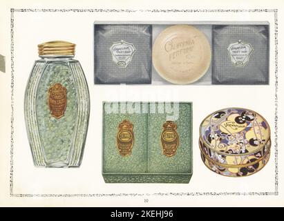 Cosmetici a marchio CPC dal 1926. Lattina di sali da bagno Daphne, scatola di sapone di glicerina Daphne. Scatola di tre sapone da toletta Vernafleur crema fredda e scatola di polvere aderente Vernafleur. Chromolithograph di un artista sconosciuto del catalogo dei prodotti della California Perfume Company (successivamente Avon), New York, Kansas, Montreal, 1926. Foto Stock