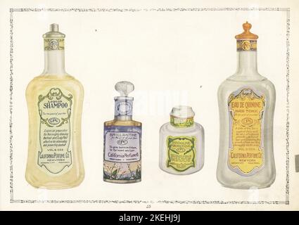 Cosmetici a marchio CPC dal 1926. Bottiglia di shampoo liquido, bottiglia di medicazione per capelli Brillantine, bottiglia di medicazione per capelli Bandoline e bottiglia di tonico per capelli Eau de Quinine. Chromolithograph di un artista sconosciuto del catalogo dei prodotti della California Perfume Company (successivamente Avon), New York, Kansas, Montreal, 1926. Foto Stock