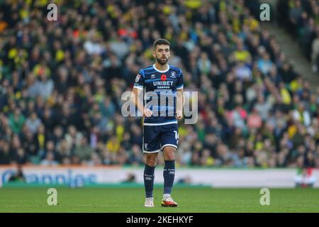 Norwich, Regno Unito. 12th Nov 2022. Tommy Smith #14 di Middlesbrough durante la partita del Campionato Sky Bet Norwich City vs Middlesbrough a Carrow Road, Norwich, Regno Unito, 12th novembre 2022 (Foto di Arron Gent/News Images) a Norwich, Regno Unito il 11/12/2022. (Foto di Arron Gent/News Images/Sipa USA) Credit: Sipa USA/Alamy Live News Foto Stock