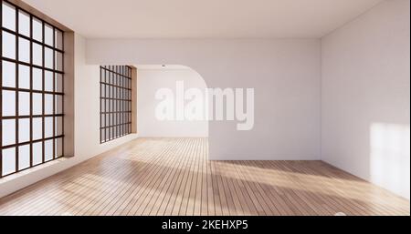 Grande area soggiorno in stile giapponese con decorazioni in stile japandi di lusso. Rendering 3D Foto Stock