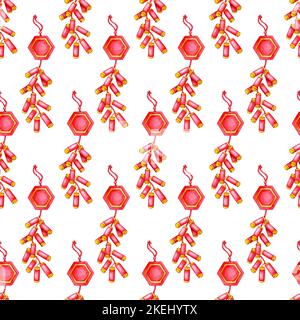 Acquerello disegno di illustrazione di cracker cinesi rossi. Esplosione, schizzi, scintille. Festa, celebrazione, Capodanno. Ideale per t-shirt, biglietti, stampe. Foto Stock