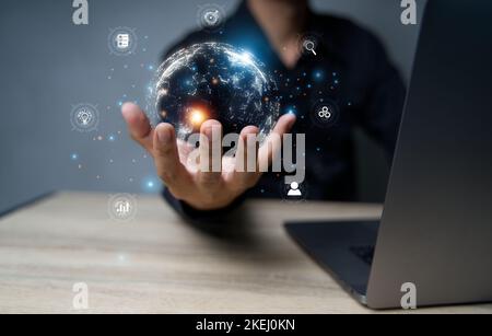man mobile virtuale connessione internet globale metaverse. business globale connessione internet tecnologia applicativa e marketing digitale. finanza e. Foto Stock
