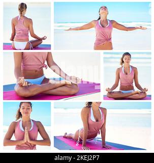 Lo yoga guarisce l'anima. Immagine composita di una giovane donna attraente che pratica yoga sulla spiaggia. Foto Stock