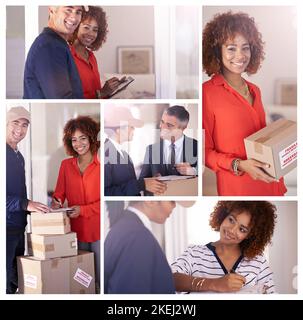 Consegna porta a porta. Immagine composita di una giovane donna attraente che ottiene una consegna. Foto Stock