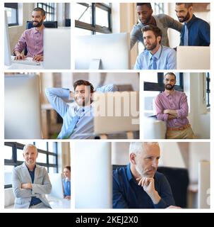 Sentirsi soddisfatti nel mondo aziendale. Immagine composita di diversi uomini d'affari in ufficio. Foto Stock