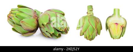 Carciofi freschi isolati su sfondo bianco closeup Foto Stock
