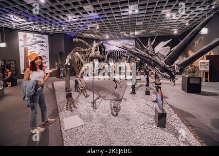 26 luglio 2022, Munster Natural History Museum, Germania: Visitor girl alla mostra di terrificanti scheletri di dinosauro del Giurassico e Cretaceo Foto Stock