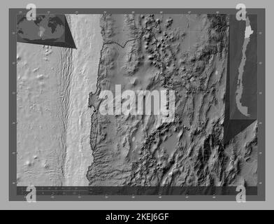 Antofagasta, regione del Cile. Mappa altimetrica bilivello con laghi e fiumi. Mappe delle posizioni ausiliarie degli angoli Foto Stock