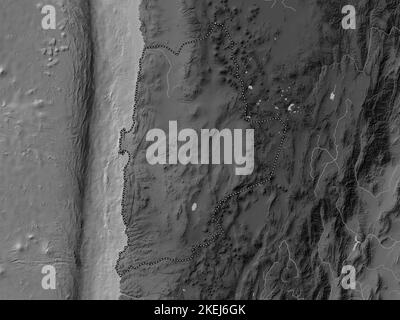 Antofagasta, regione del Cile. Mappa in scala di grigi con laghi e fiumi Foto Stock