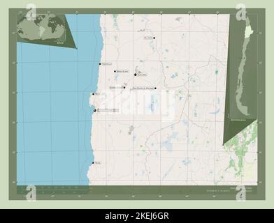 Antofagasta, regione del Cile. Aprire la mappa stradale. Località e nomi delle principali città della regione. Mappe delle posizioni ausiliarie degli angoli Foto Stock