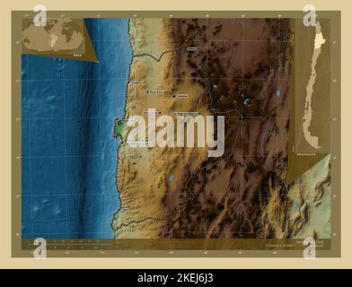 Antofagasta, regione del Cile. Mappa di altitudine colorata con laghi e fiumi. Località e nomi delle principali città della regione. Posizione ausiliaria angolo Foto Stock