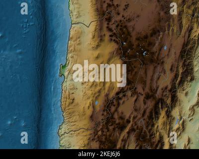 Antofagasta, regione del Cile. Mappa di altitudine colorata con laghi e fiumi Foto Stock