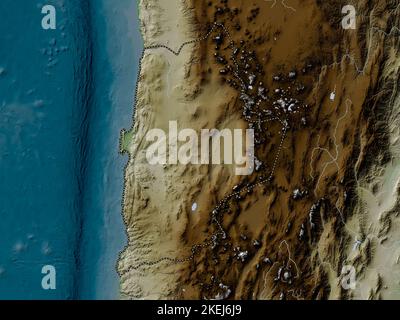 Antofagasta, regione del Cile. Mappa dell'altitudine colorata in stile wiki con laghi e fiumi Foto Stock