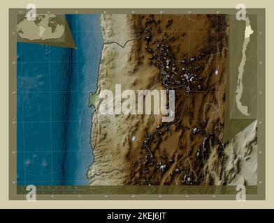 Antofagasta, regione del Cile. Mappa dell'altitudine colorata in stile wiki con laghi e fiumi. Mappe delle posizioni ausiliarie degli angoli Foto Stock