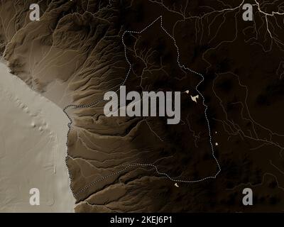 Arica y Parinacota, regione del Cile. Mappa dell'altitudine colorata in tonalità seppia con laghi e fiumi Foto Stock