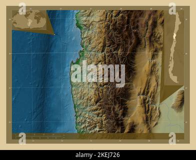 Coquimbo, regione del Cile. Mappa di altitudine colorata con laghi e fiumi. Mappe delle posizioni ausiliarie degli angoli Foto Stock