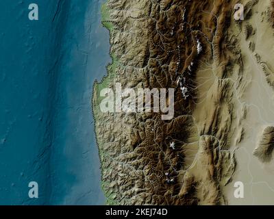 Coquimbo, regione del Cile. Mappa dell'altitudine colorata in stile wiki con laghi e fiumi Foto Stock