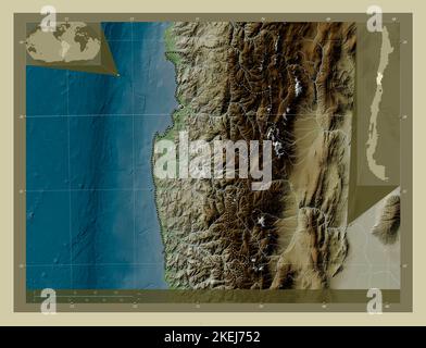 Coquimbo, regione del Cile. Mappa dell'altitudine colorata in stile wiki con laghi e fiumi. Mappe delle posizioni ausiliarie degli angoli Foto Stock