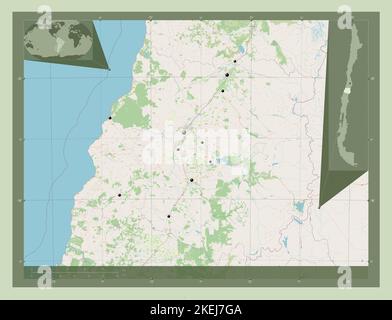 Maule, regione del Cile. Aprire la mappa stradale. Posizioni delle principali città della regione. Mappe delle posizioni ausiliarie degli angoli Foto Stock