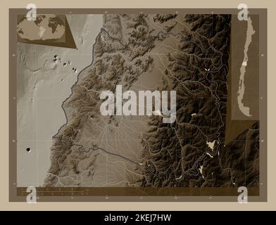 Maule, regione del Cile. Mappa dell'altitudine colorata in tonalità seppia con laghi e fiumi. Mappe delle posizioni ausiliarie degli angoli Foto Stock