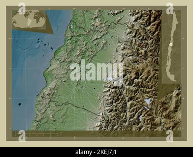 Maule, regione del Cile. Mappa dell'altitudine colorata in stile wiki con laghi e fiumi. Posizioni delle principali città della regione. Posizione ausiliaria ad angolo Foto Stock