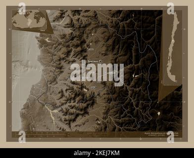 Regione Metropolitana di Santiago, regione del Cile. Mappa dell'altitudine colorata in tonalità seppia con laghi e fiumi. Località e nomi delle principali città di Foto Stock