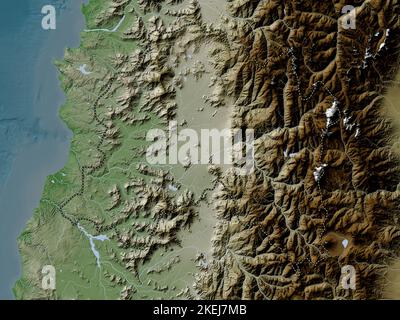 Regione Metropolitana di Santiago, regione del Cile. Mappa dell'altitudine colorata in stile wiki con laghi e fiumi Foto Stock