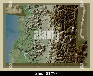 Regione Metropolitana di Santiago, regione del Cile. Mappa dell'altitudine colorata in stile wiki con laghi e fiumi. Mappe delle posizioni ausiliarie degli angoli Foto Stock