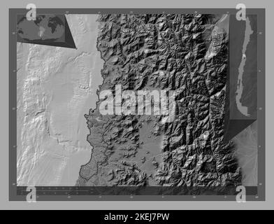 Valparaiso, regione del Cile. Mappa altimetrica bilivello con laghi e fiumi. Mappe delle posizioni ausiliarie degli angoli Foto Stock