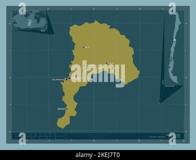 Valparaiso, regione del Cile. Forma a tinta unita. Località e nomi delle principali città della regione. Mappe delle posizioni ausiliarie degli angoli Foto Stock