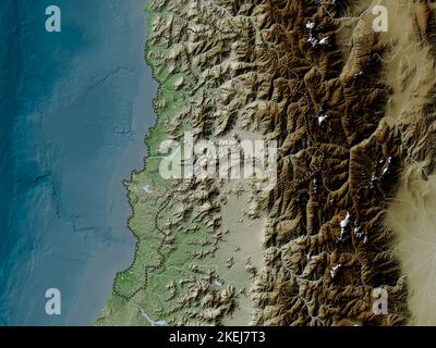 Valparaiso, regione del Cile. Mappa dell'altitudine colorata in stile wiki con laghi e fiumi Foto Stock