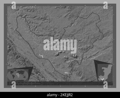 Bouenza, regione della Repubblica del Congo. Mappa altimetrica bilivello con laghi e fiumi. Mappe delle posizioni ausiliarie degli angoli Foto Stock