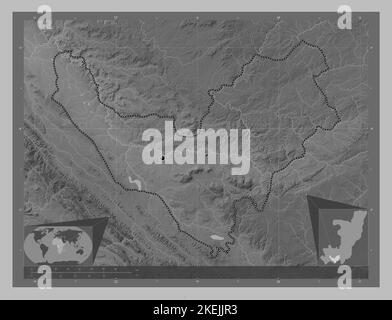 Bouenza, regione della Repubblica del Congo. Mappa in scala di grigi con laghi e fiumi. Posizioni delle principali città della regione. Posizione ausiliaria angolo Foto Stock