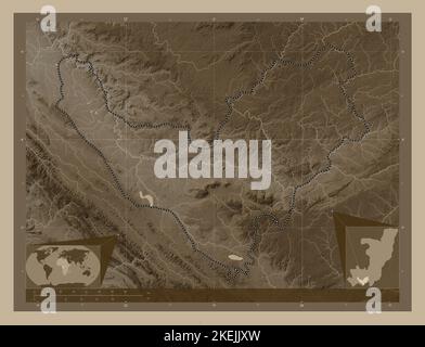 Bouenza, regione della Repubblica del Congo. Mappa dell'altitudine colorata in tonalità seppia con laghi e fiumi. Mappe delle posizioni ausiliarie degli angoli Foto Stock