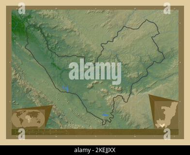 Bouenza, regione della Repubblica del Congo. Mappa di altitudine colorata con laghi e fiumi. Mappe delle posizioni ausiliarie degli angoli Foto Stock