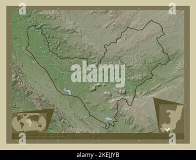 Bouenza, regione della Repubblica del Congo. Mappa dell'altitudine colorata in stile wiki con laghi e fiumi. Mappe delle posizioni ausiliarie degli angoli Foto Stock