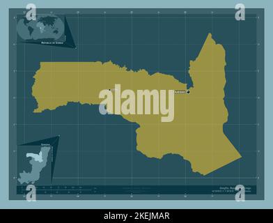 Sangha, regione della Repubblica del Congo. Forma a tinta unita. Località e nomi delle principali città della regione. Mappe delle posizioni ausiliarie degli angoli Foto Stock