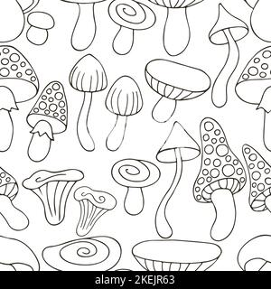 Funghi autunno umore. Illustrazione in stile disegno a mano. Modello senza giunture con funghi della foresta. Può essere utilizzato per tessuti, imballaggi e così via Illustrazione Vettoriale