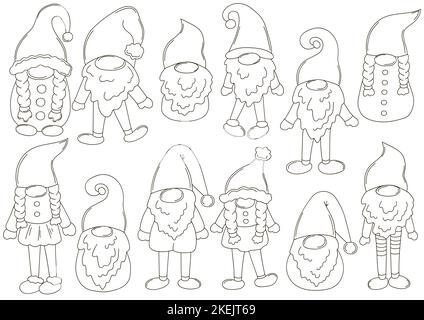 Pacchetto colorazione gnomi. Grande collezione di gnomi su cappelli Babbo Natale in stile artigianale. Set di illustrazioni vettoriali per il progetto. Cartello, adesivo, p Illustrazione Vettoriale