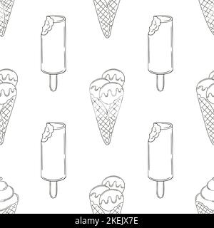 Gelato da colorare senza cuciture motivo. Vacanze estive con papaveri, gelato Illustrazione Vettoriale
