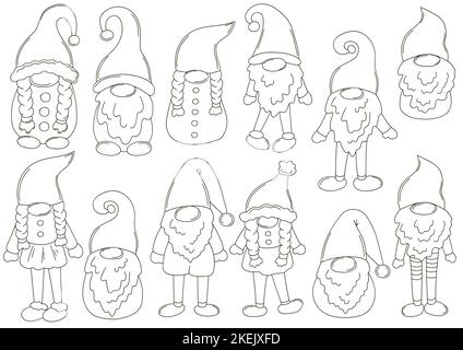 Pacchetto vettore da colorare. Grande collezione di gnomi su cappelli Babbo Natale in stile artigianale. Set di illustrazioni vettoriali per il progetto. Cartello, adesivo Illustrazione Vettoriale