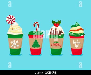 Caffè da asporto natalizio st - tazza di caffè da asporto colorata di Santa. Tazza di caffè o tè decorata Babbo Natale costume con cintura, fiocco di neve, agrifoglio illustre Illustrazione Vettoriale