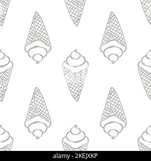 Gelato da colorare senza cuciture motivo. Stampa per il design in tessuto. Vacanze estive con papaveri, coni gelato e dessert Illustrazione Vettoriale