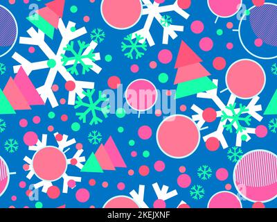 Motivo natalizio senza cuciture con decorazioni natalizie e forme geometriche in stile anni '80. Sfondo festivo per biglietti d'auguri, carta da imballaggio e divieto Illustrazione Vettoriale