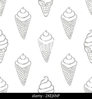 Gelato da colorare in cialde con motivo senza cuciture. Estate. Modello meraviglioso con dessert freddo. Stampa per il design in tessuto Illustrazione Vettoriale